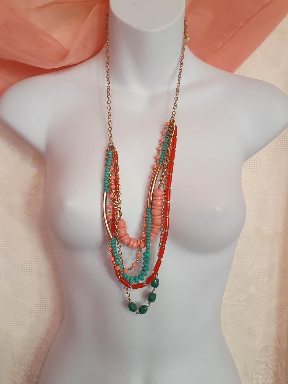 Layered Coral and Teal Beaded Boho Necklace with Gold Chain Accents